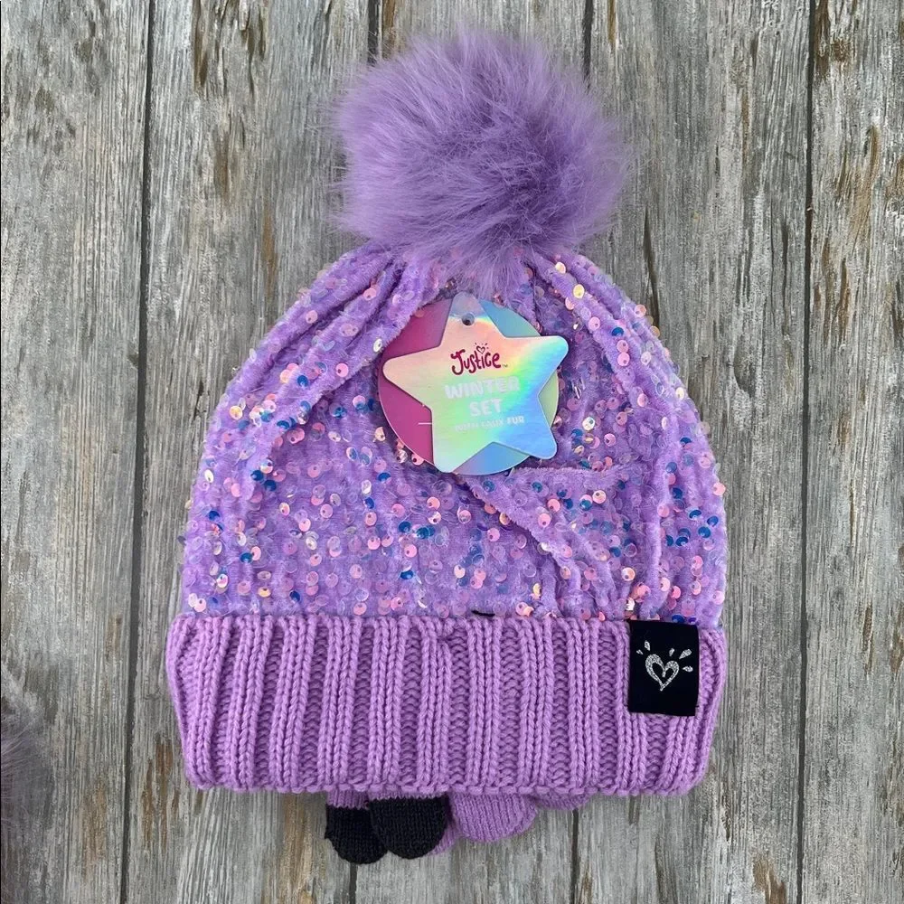 Girls Justice Sequin Cable Knit Hat and Gloves Set Pink 2-Pack